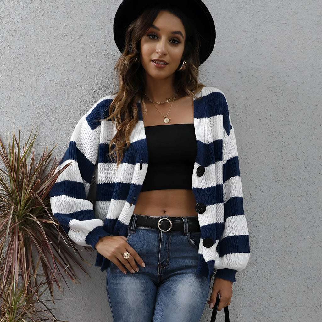 Women's striped deer plush woven cardigan sweater in blue, shown with button front and regular sleeves.