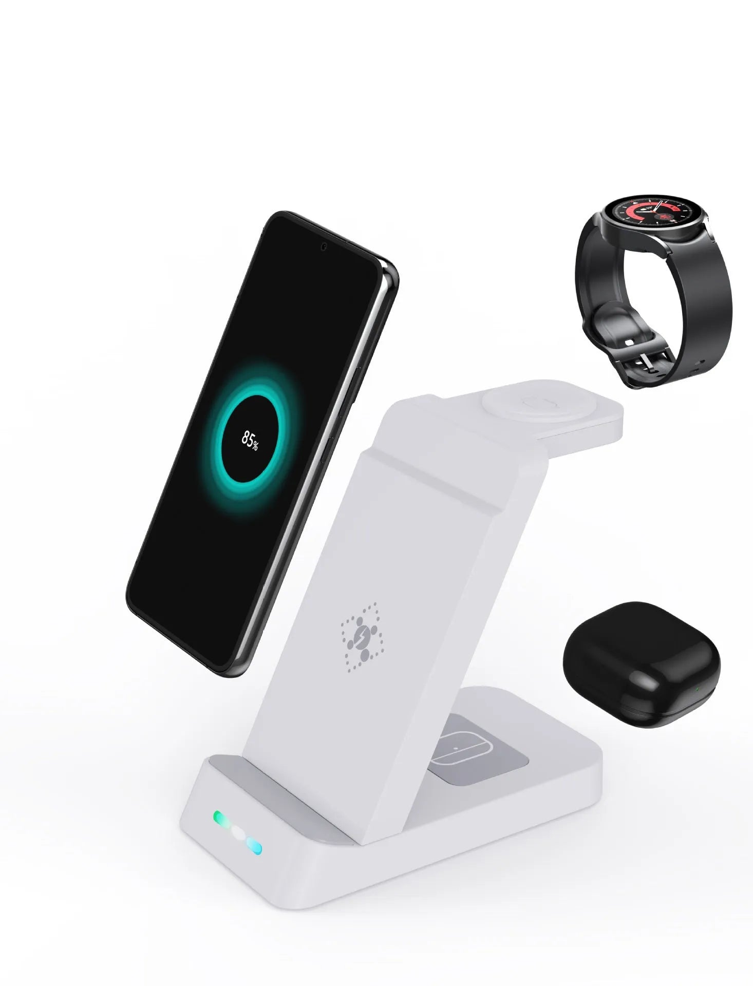 Black 3-in-1 wireless charging stand holding a phone, an Apple Watch, and AirPods case on a desk.