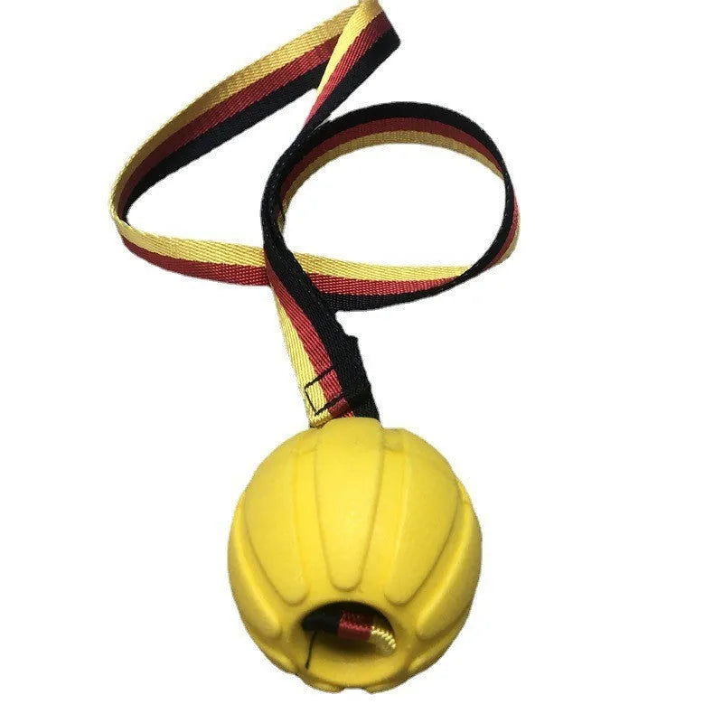Camouflage and yellow EVA floating dog tetherball toys with string in 6.5cm, 7cm, and 9cm sizes.