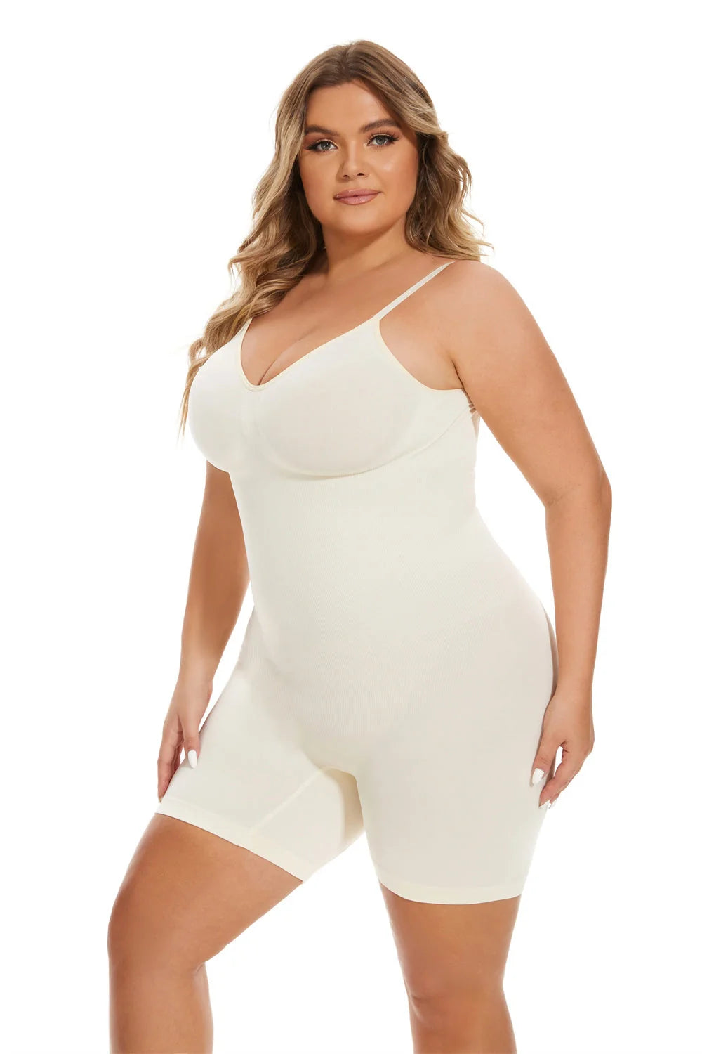 Waist-fitted jumpsuit in black, beige, and brown with belly control and hip-lift design