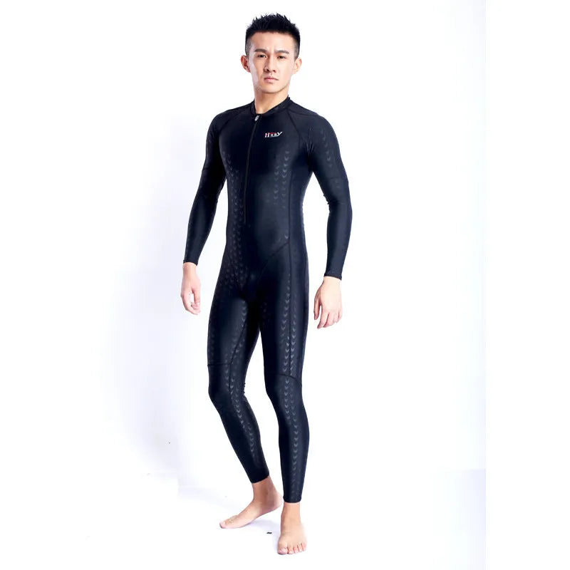 Unisex pure black one-piece shark skin swimsuit with front zipper, quick-drying nylon spandex fabric