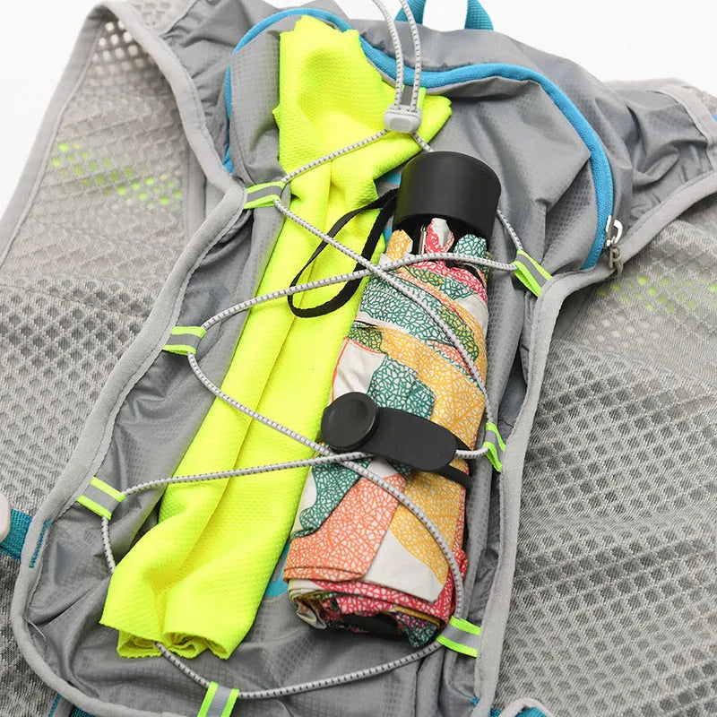 Multifunctional nylon running backpack with reflective strips in blue, purple, black, light grey, orange or cyan.