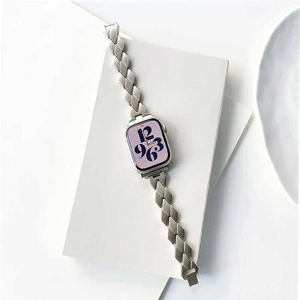 Silver metal chain strap for Apple Watch, with clasp, on white background, showing 38/40/41mm size option