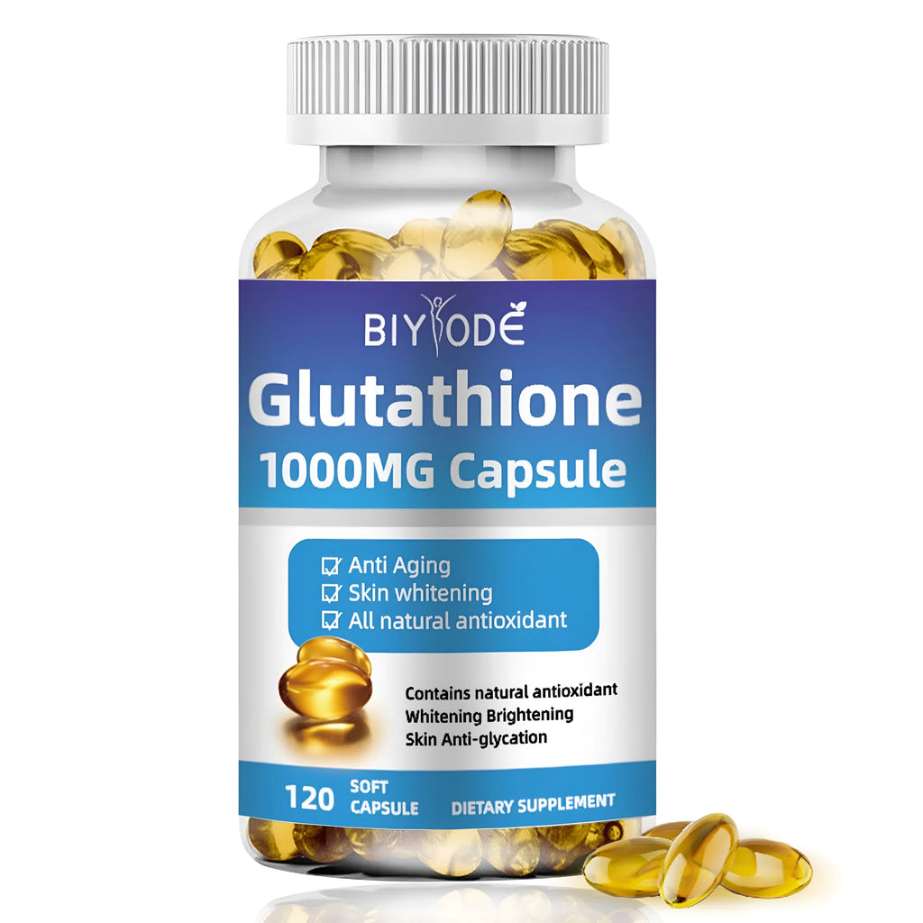 Bottle of Biyode L-Glutathione softgels skin care supplement 120 capsules