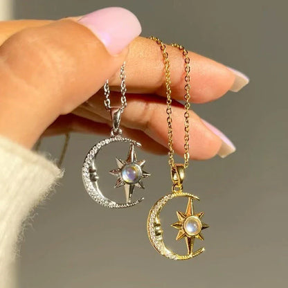 Elegant moon and star zircon necklace made of stainless steel with a comfortable, lightweight design