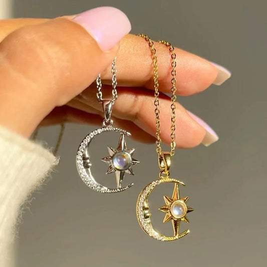 Elegant moon and star zircon necklace made of stainless steel with a comfortable, lightweight design