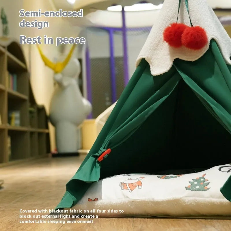 A semi-closed cloth cat house with a thickened bed, shown in brown and white mat colour options.