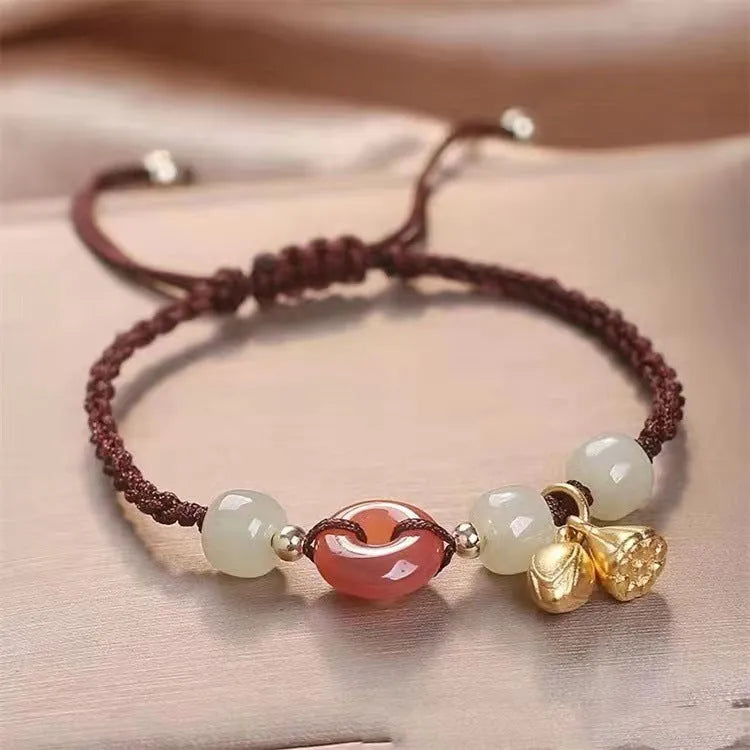 Hetian jade Peace Buckle bracelet with two Shihuan rings and constellation modelling on adjustable strap
