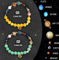 Set of two natural stone beaded bracelets for the twelve zodiac signs on a wooden surface.
