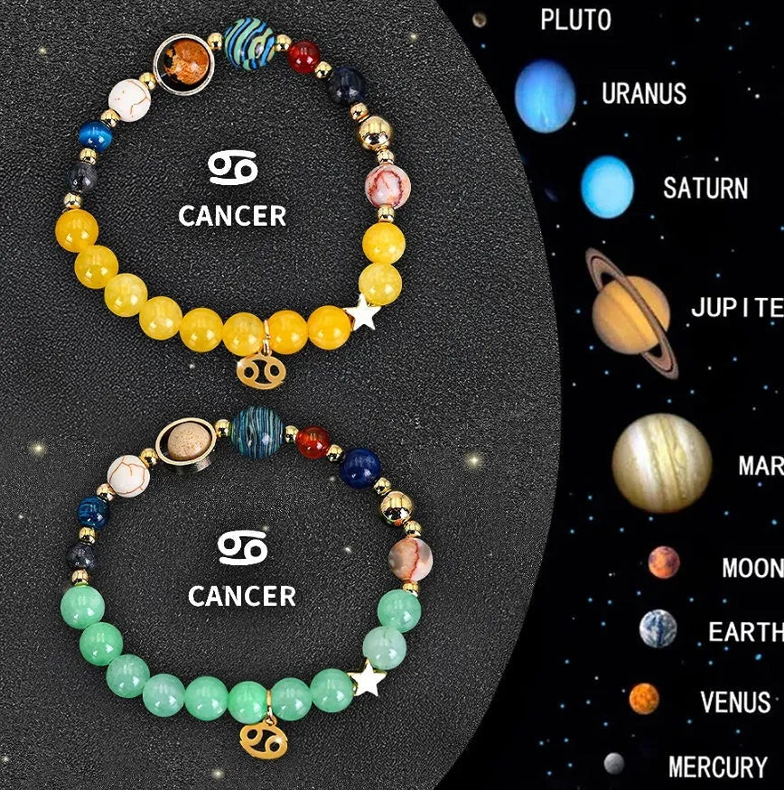 Set of two natural stone beaded bracelets for the twelve zodiac signs on a wooden surface.