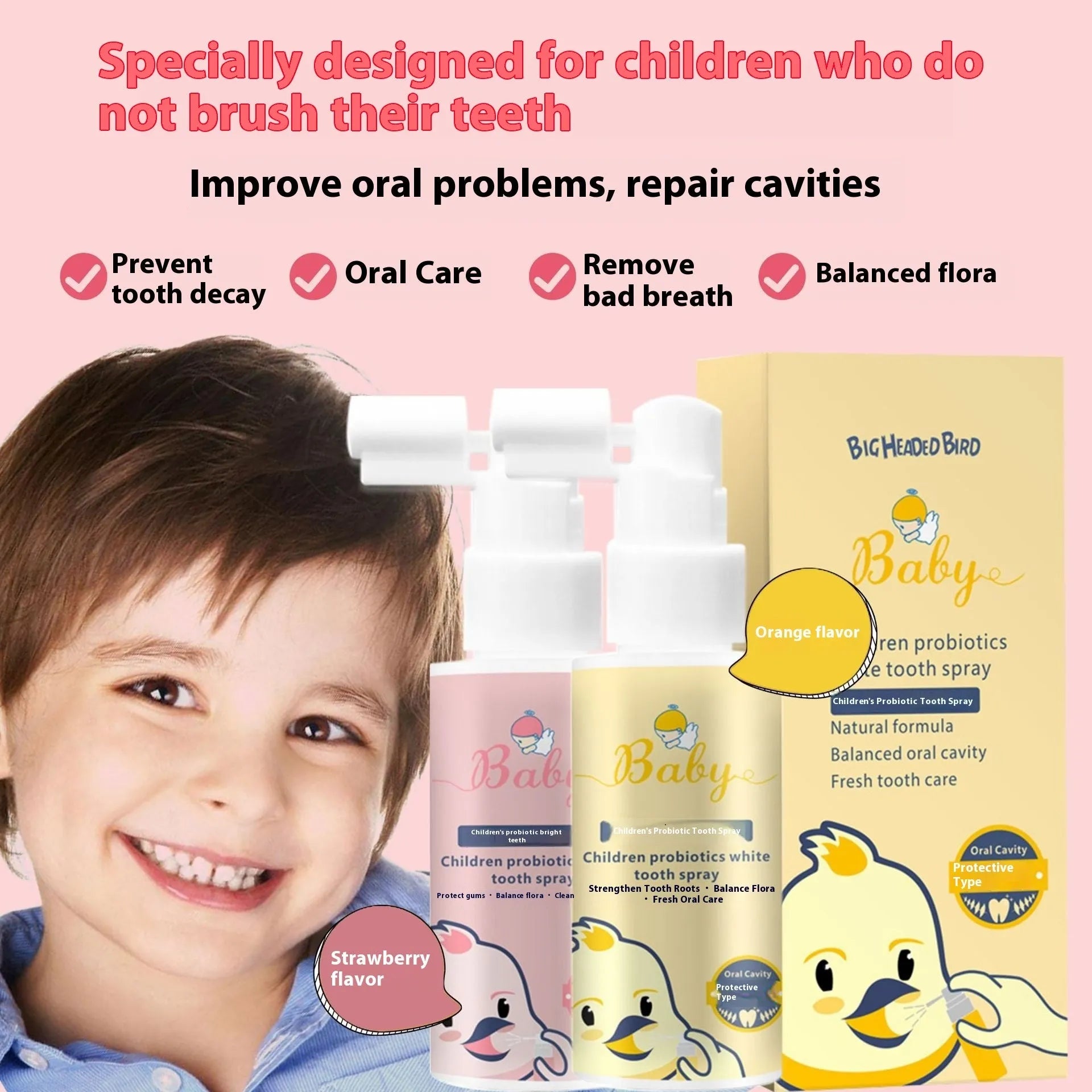 Children's probiotic anticavity oral spray in strawberry and orange flavours, 40ml bottle