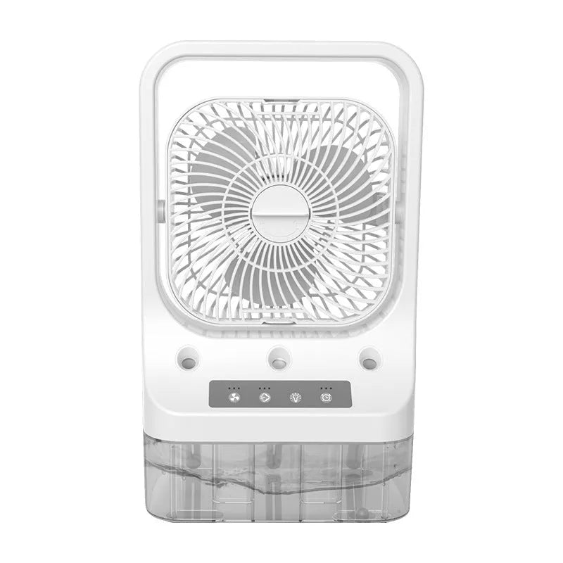 White USB rechargeable portable air cooler with adjustable head and water tank on a tabletop.