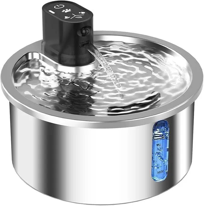 Stainless steel heated pet water fountain on a white base with a charging cable.