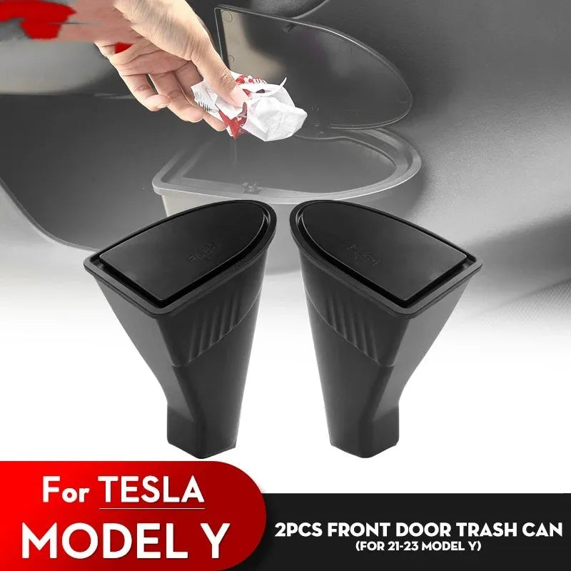 Two black ABS plastic car door trash cans for Tesla Model Y front door storage.