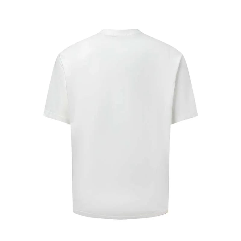 Man wearing a blue loose-fit cotton blend T-shirt with a retro white letter print design on the chest.