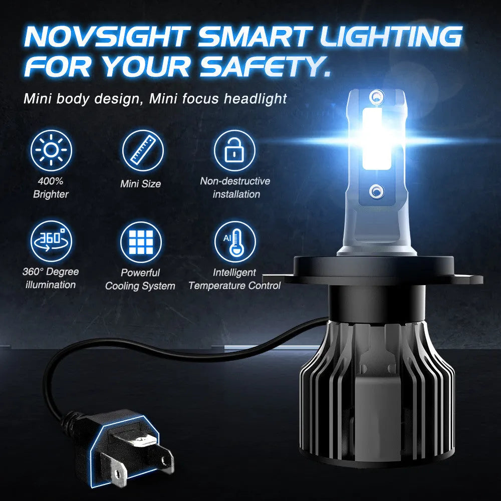 6000K white LED car headlight bulb with aluminium heatsink and connector for H7, 9005 fitments.