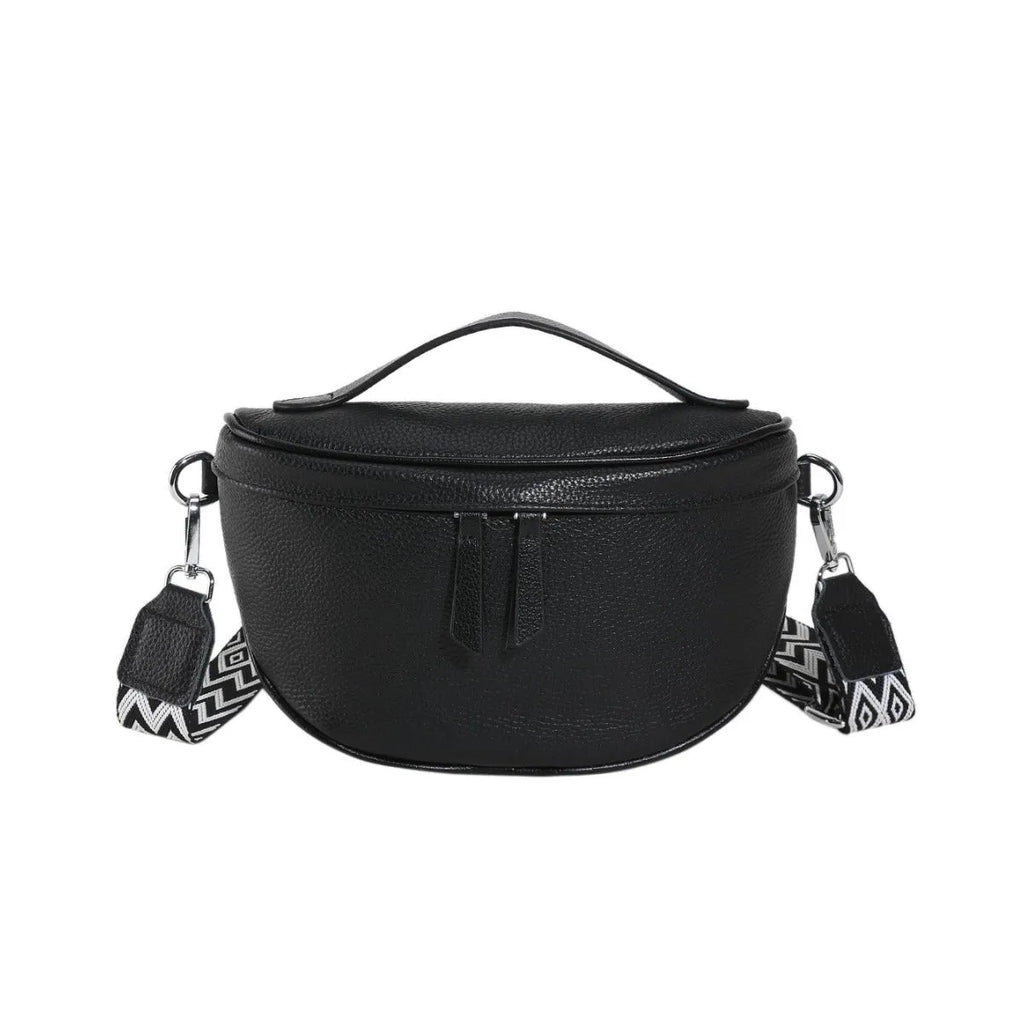 Ladies black top grain cowhide leather crossbody bag with single shoulder strap, 25cm wide