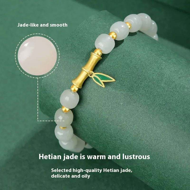 S925 sterling silver bracelet with natural Hetian jade beads carved with bamboo leaf motifs