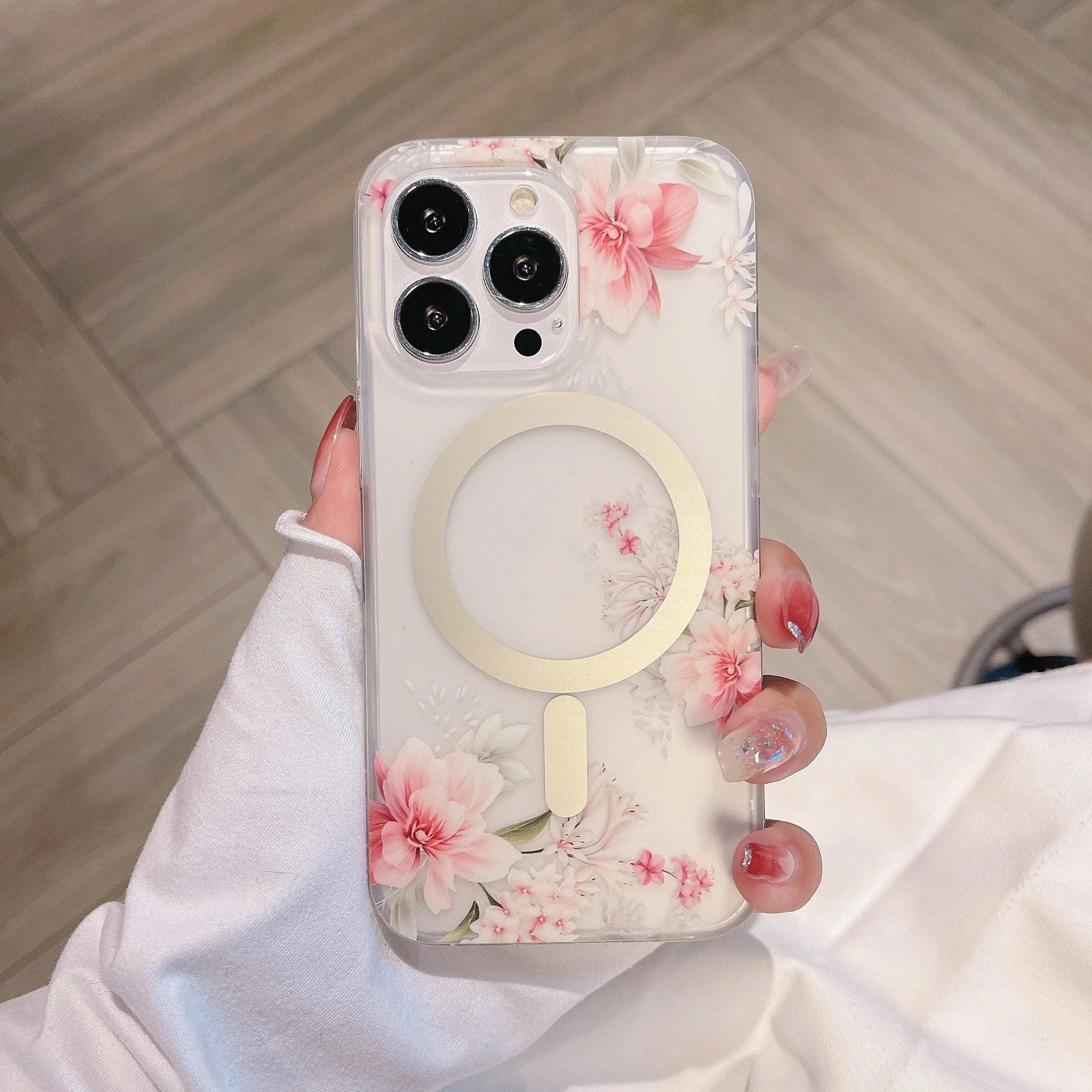 Magnetic suction clear frosted flower phone case for iPhone showing rear cover with floral pattern
