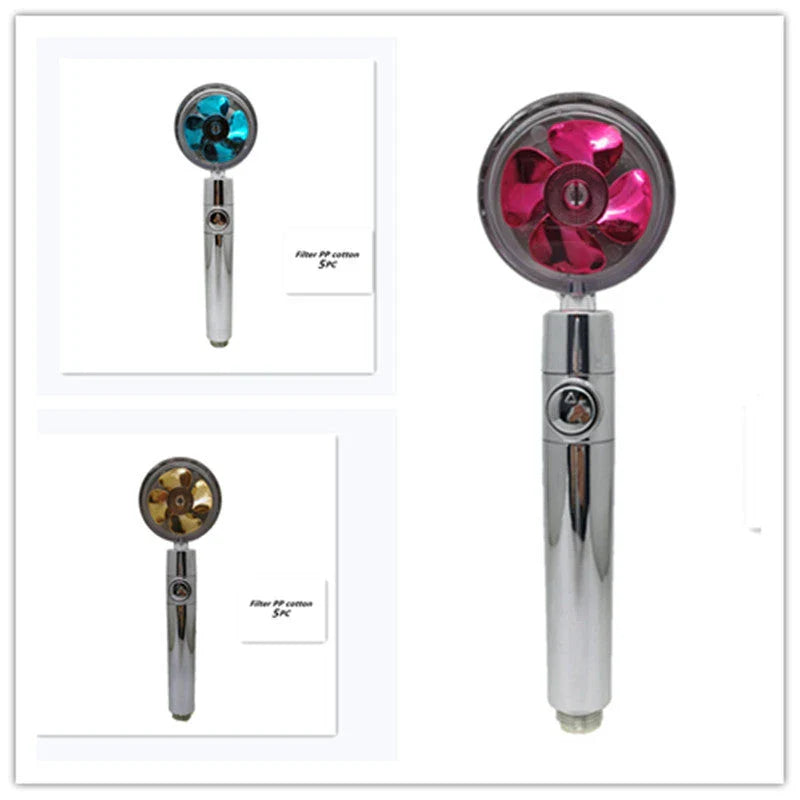 High-pressure handheld shower nozzle with cotton filter and stop button in various colours