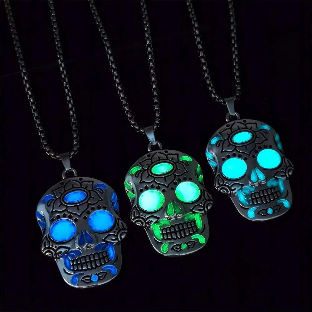 Halloween luminous skull necklace with Day of the Dead lotus pattern