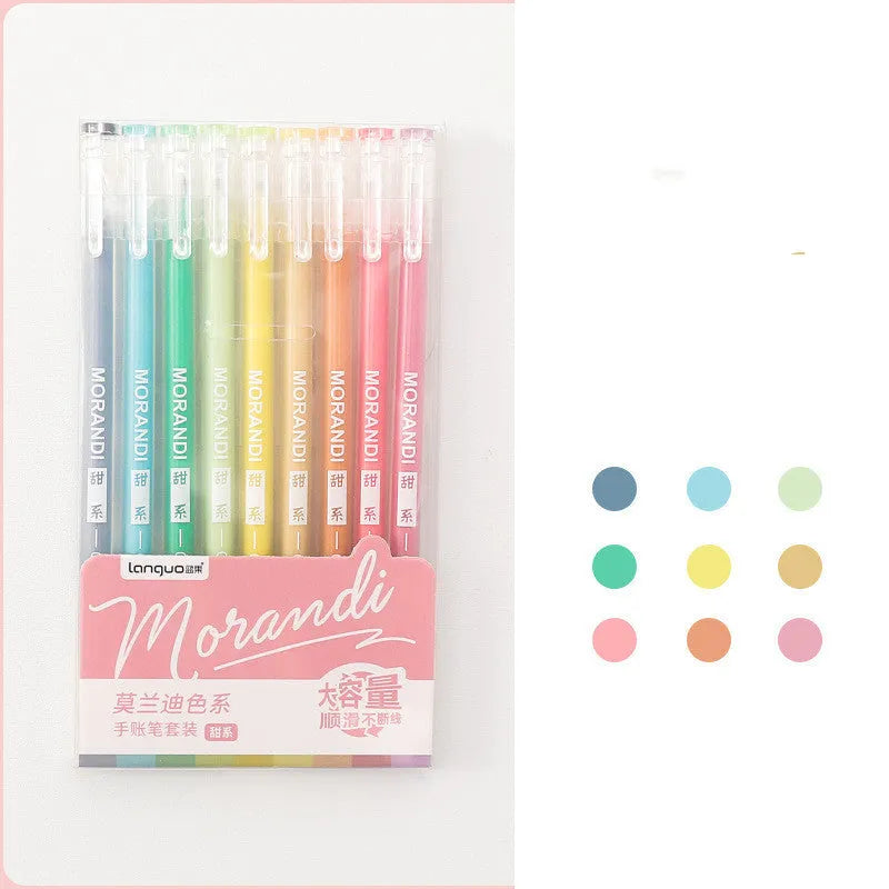 Set of nine 0.5mm needle-tip gel pens in a plastic storage case with Nordic, retro, salt, or sweet style colours.