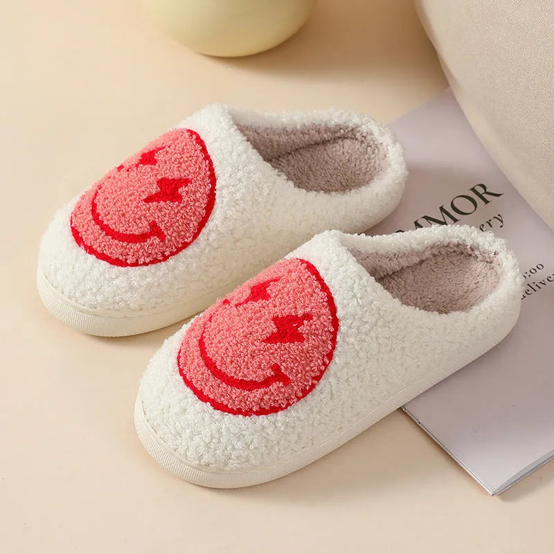 Women's plush home slippers with cartoon love design, round toe, and non-slip PVC sole
