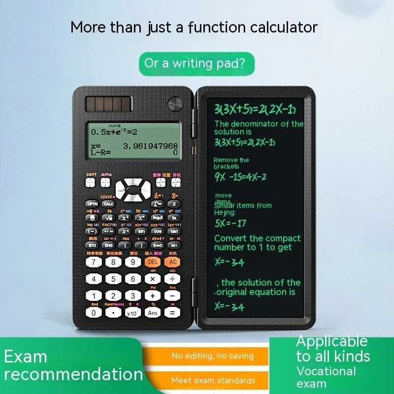 Foldable scientific calculator with integrated digital notepad for versatile productivity