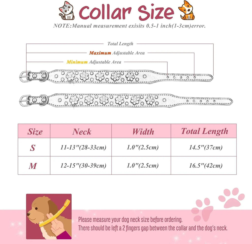 A studded rhinestone flower pattern on a soft black PU leather dog collar with a metal D-ring.