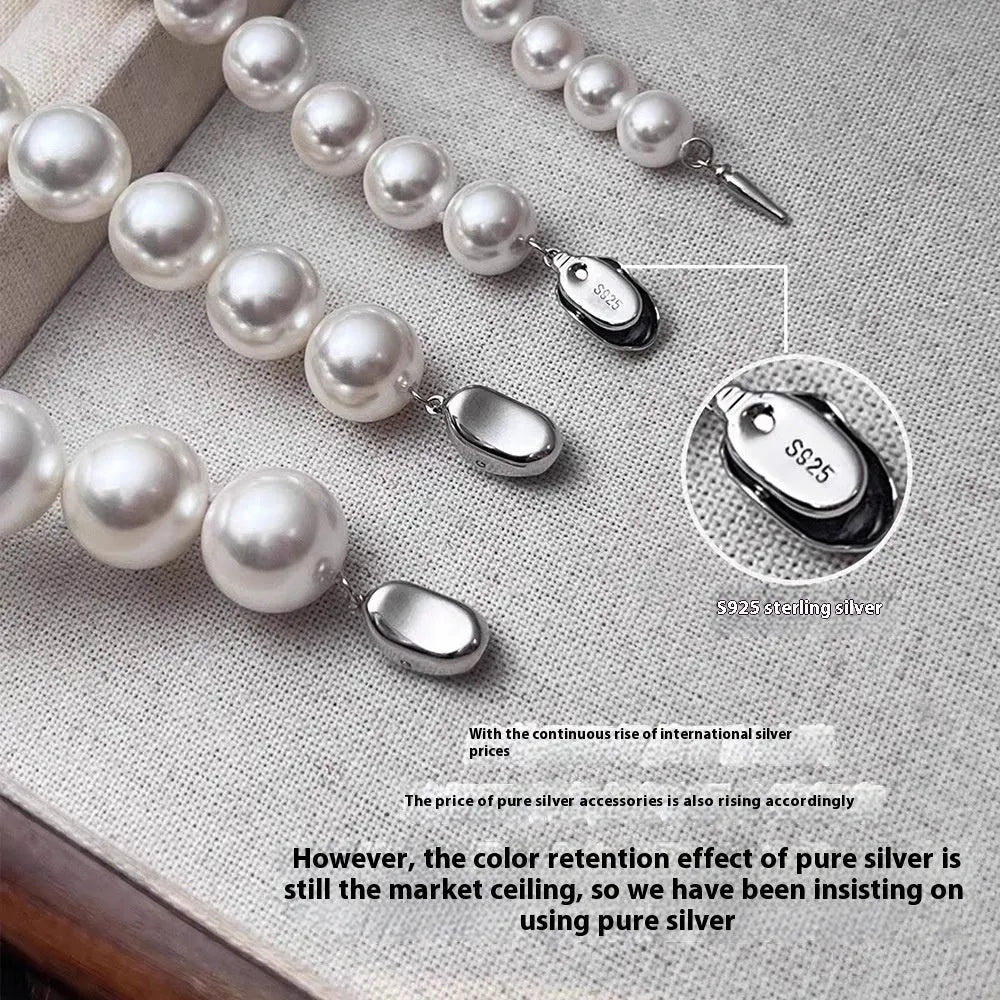 925 silver ingot buckle necklace with white shell pearls on unisex clavicle chain, 45cm length.