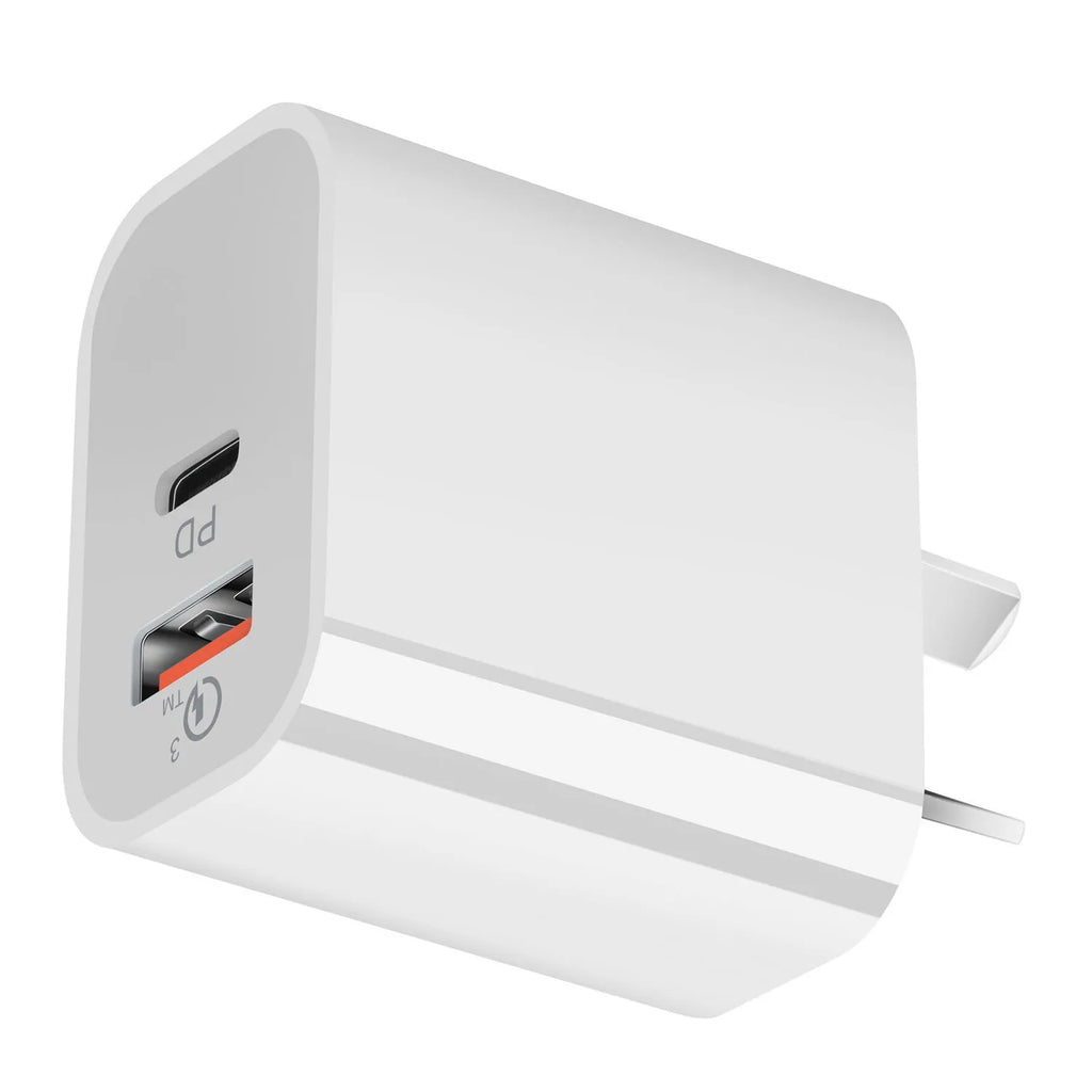 White Australian dual-port USB wall charger with USB-A and USB-C ports showing 63mm width