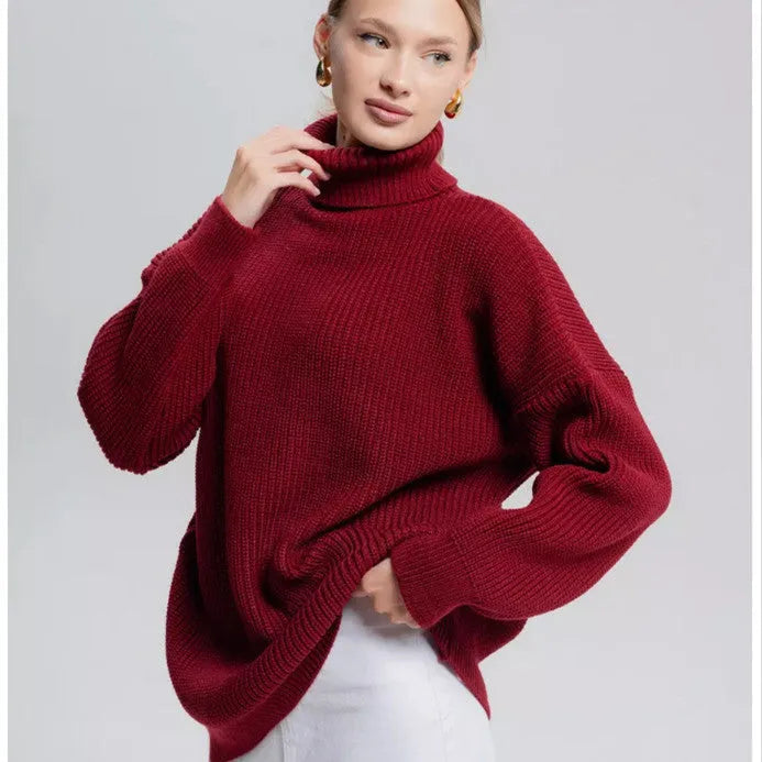 Women's solid colour high neck pullover sweater in imitation cashmere fabric on a hanger