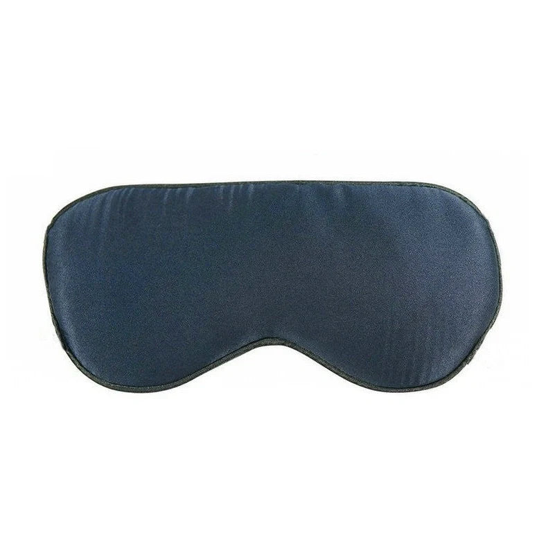 Silk eye mask with ice cube gel insert showing navy blue colour and adjustable strap