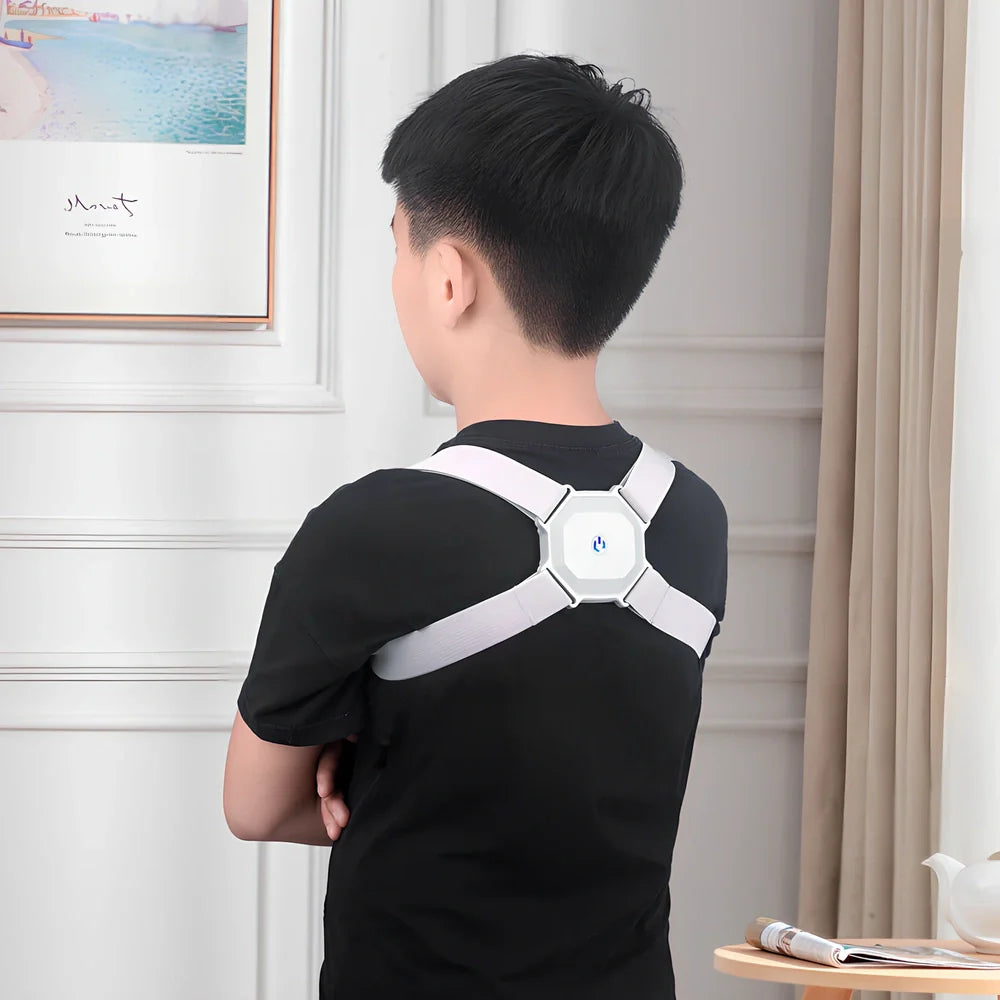 Grey adjustable posture corrector belt for kids and adults, 210g weight with real-time hunchback assessment straps