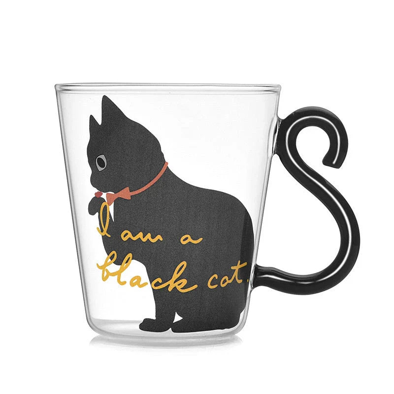 Adorable cat-themed glass mug with tail-shaped handle, perfect for hot and cold beverages