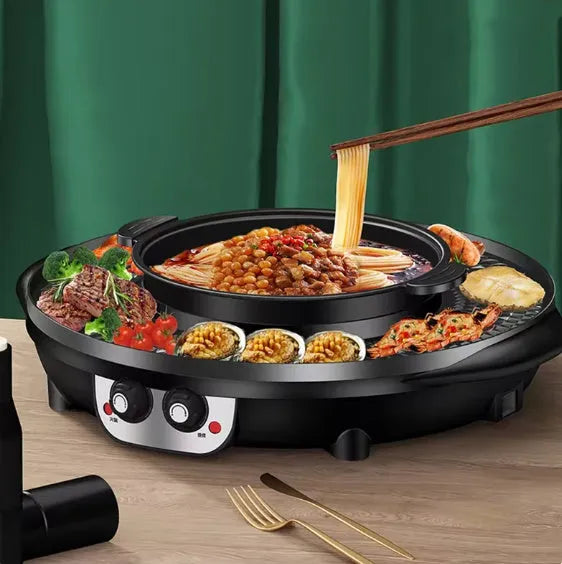Multifunctional electric cooker hot pot barbecue all-in-one pot 5L black with barbecue plate