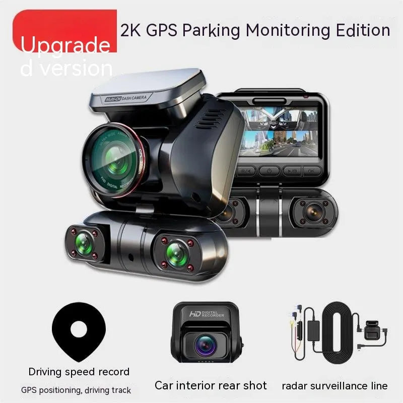 Plastic car dash cam with four lenses and a 2-inch screen for parking surveillance.