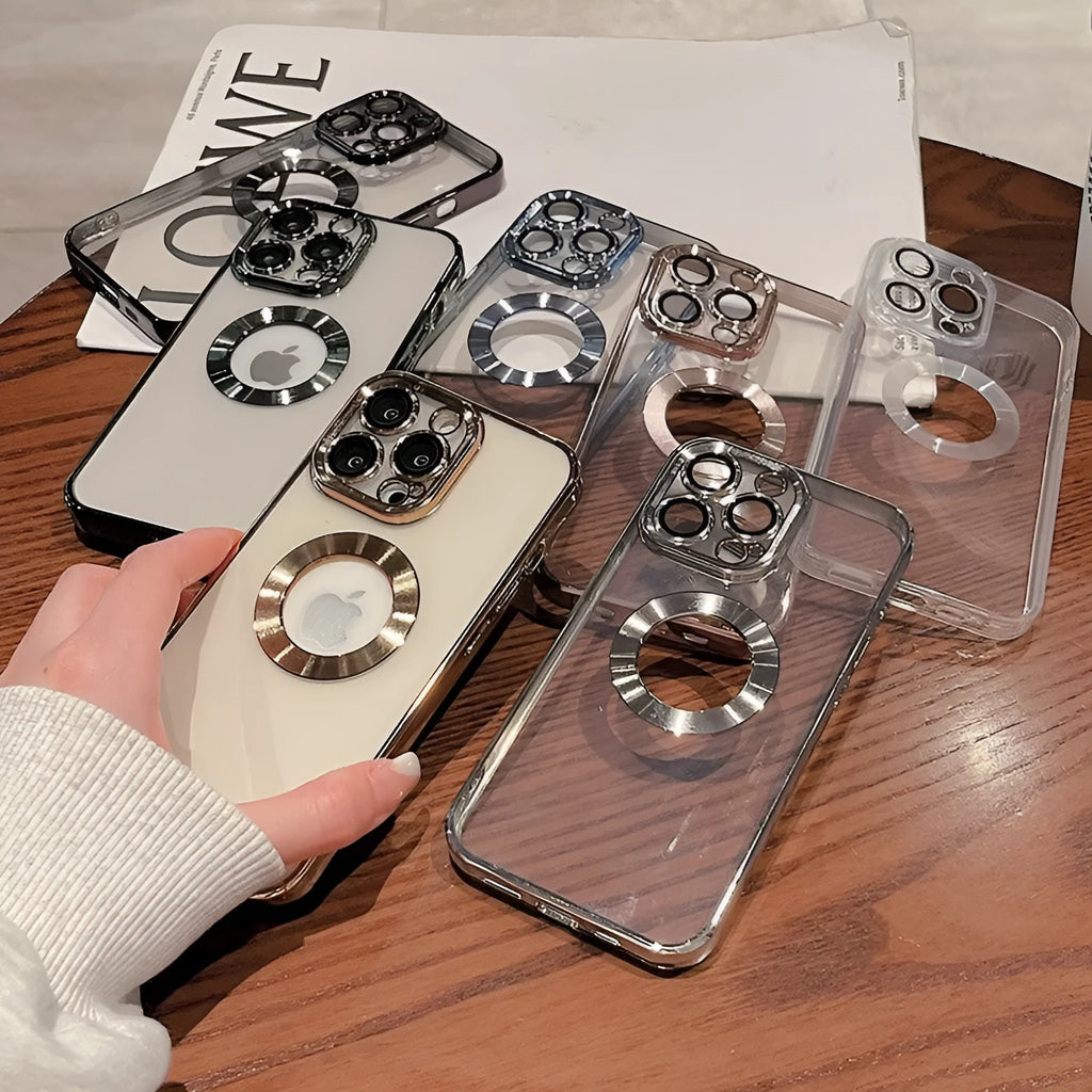 Transparent silicone iPhone case with electroplating camera protector showing far peak blue colour option