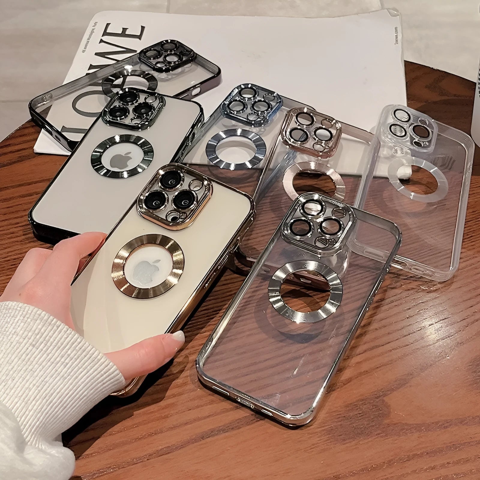 Transparent silicone iPhone case with electroplating camera protector showing far peak blue colour option