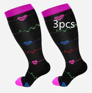 Plus-size compression socks in various stylish patterns for improved leg health and comfort