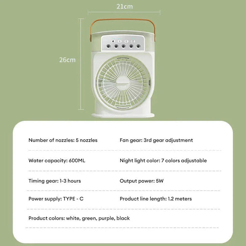 Chillax Portable USB Cooling Fan with 5 Adjustable Speed Settings, 600ml Water Tank, and 7-Color Mood Lighting