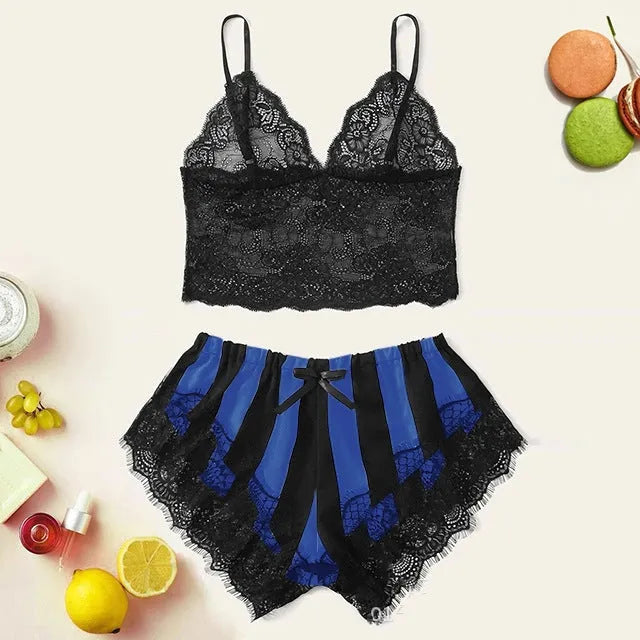 Women's lace home striped underwear set with black and white bra and shorts in spandex