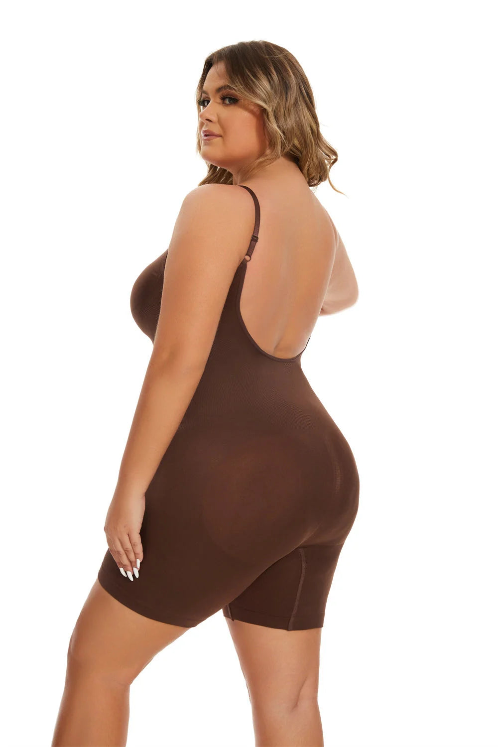 Waist-fitted jumpsuit in black, beige, and brown with belly control and hip-lift design