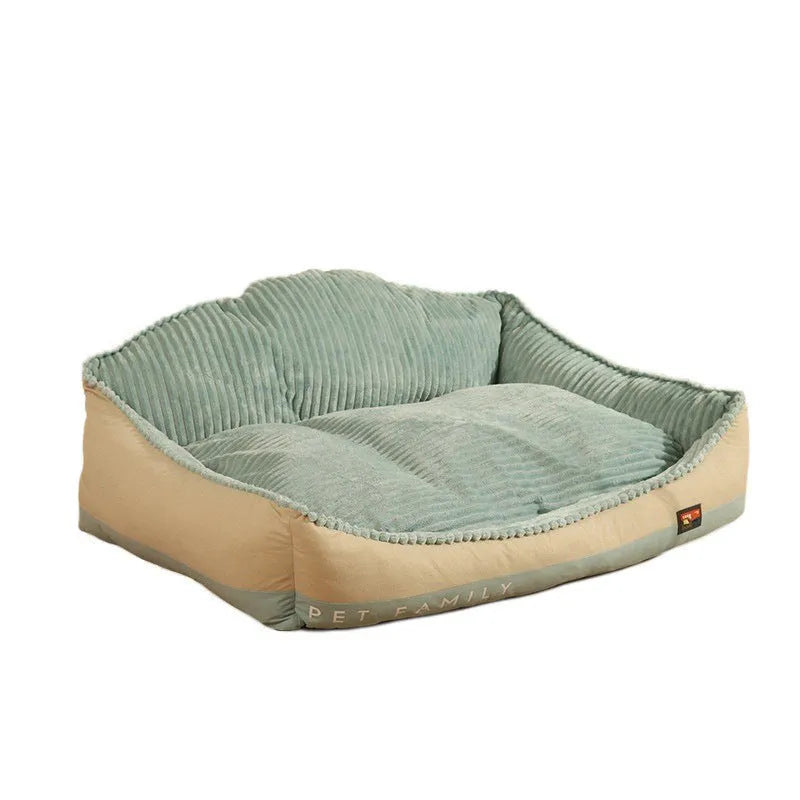 Morandi colour removable washable pet bed for dogs and cats on a sofa, shown in Medium and Large sizes.