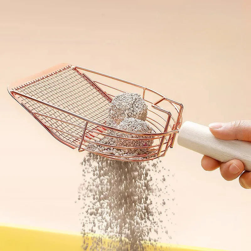 Stainless steel cat litter scoop with a long wooden handle in one of three styles: arc, linear, or square.