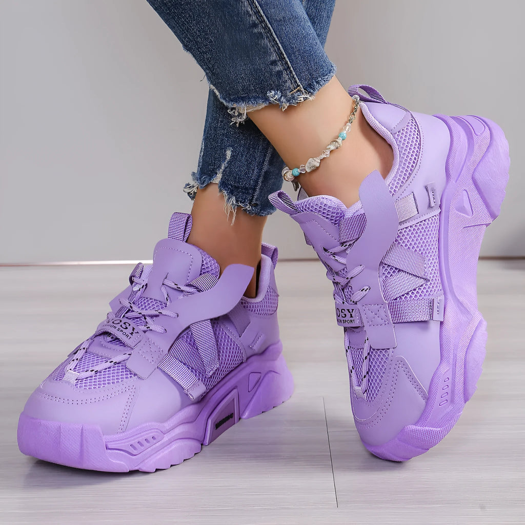 Women's purple platform mesh dad shoes with animal pattern and lace-up front
