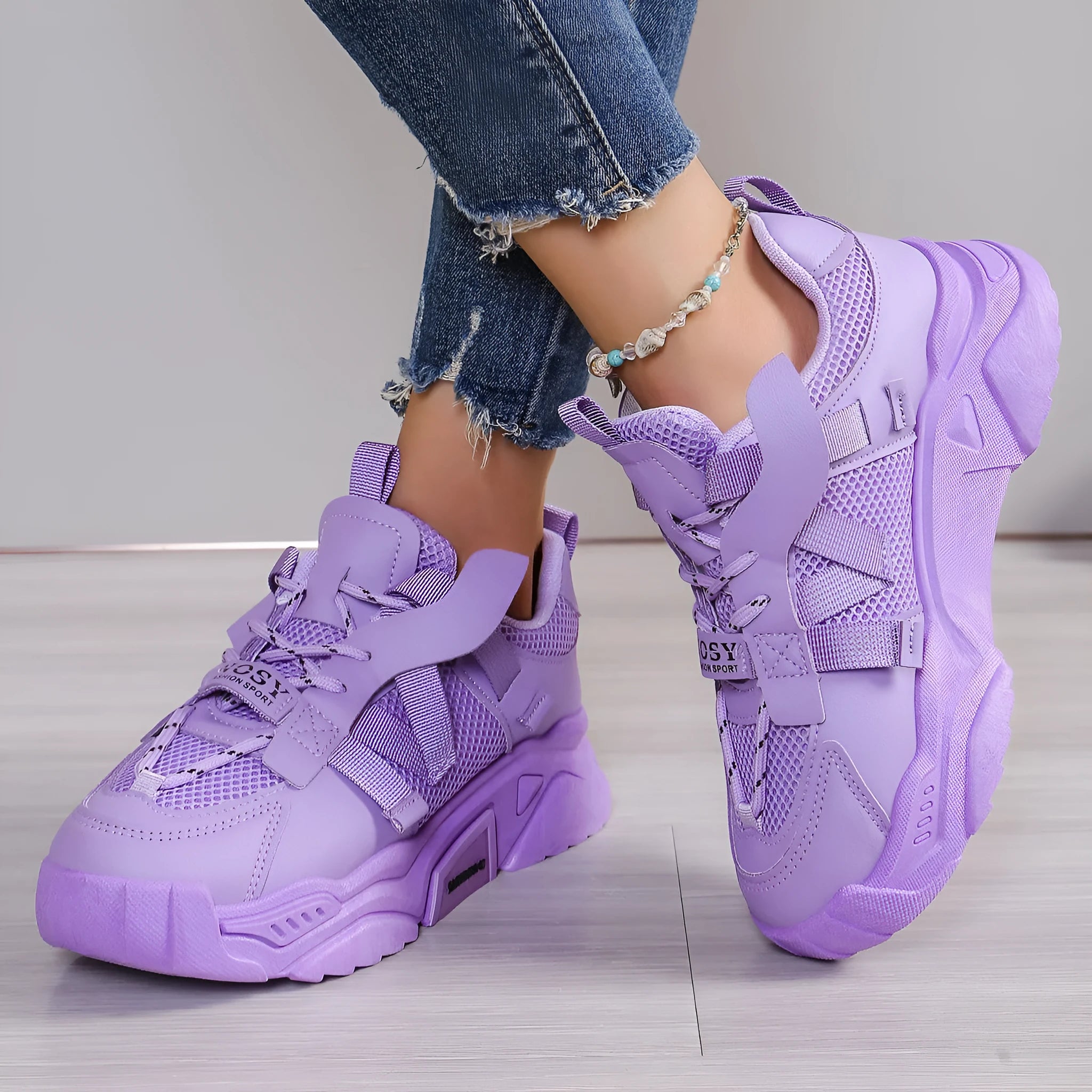 Women's purple platform mesh dad shoes with animal pattern and lace-up front