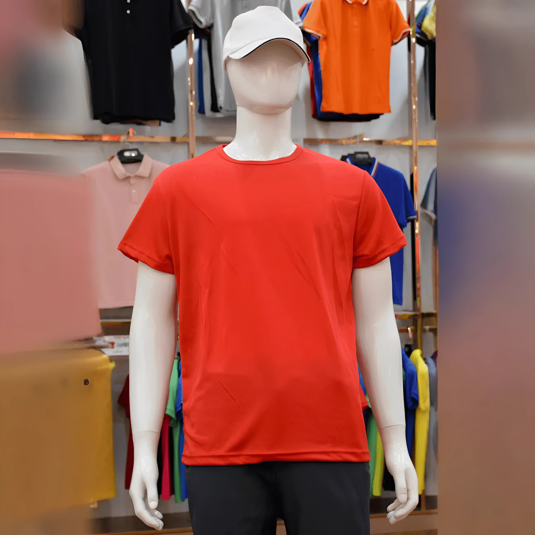 Short-sleeved slim fit round neck T-shirt in a solid colour on a hanger.