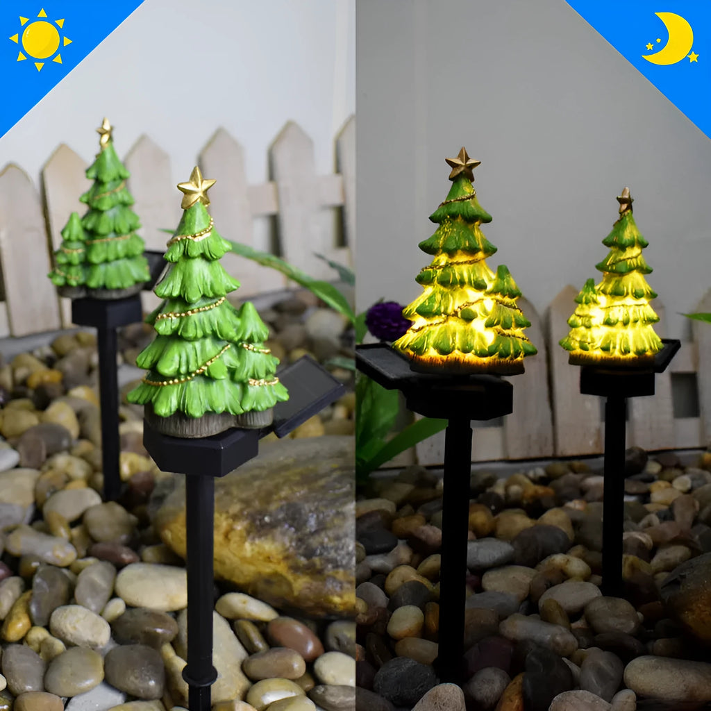 Solar Christmas tree ground plug light with warm white LED on a lawn, IP65 waterproof resin construction
