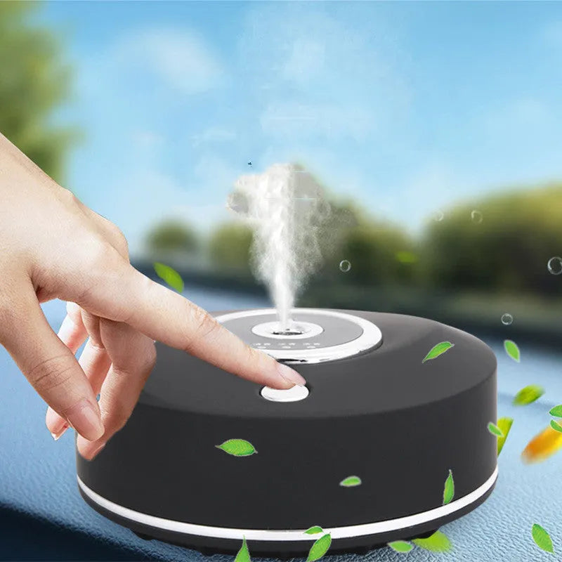 Black, grey, and white USB-charged car air freshener with 31-60 day scent duration on anti-slip pad.